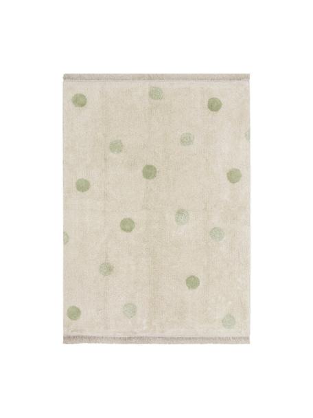 Handgeweven kindervloerkleed Hippy Dots, Bovenzijde: 97% katoen, 3% kunstvezel, Onderzijde: 100% katoen, Lichtbeige, saliegroen, B 120 x L 160 cm (maat S)