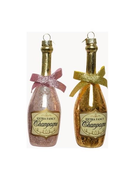 Set di 2 addobbi a forma di champagne Evergreen, Vetro, Tonalità rosa, dorato, Ø 5 x Alt. 14 cm