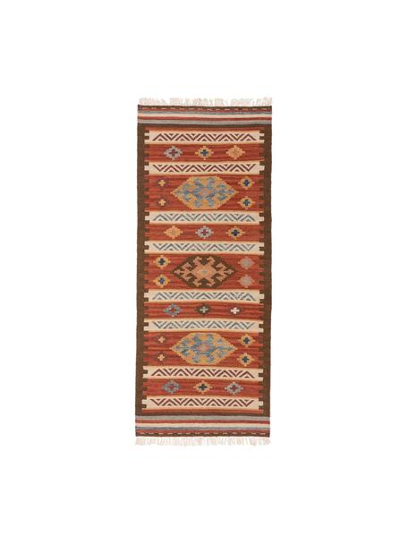 Kilim en laine tissé main Zohra, Tons rouges, larg. 80 x long. 200 cm