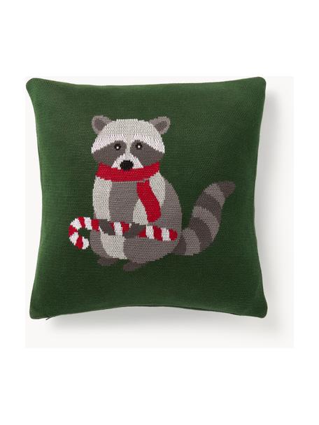 Housse de coussin en coton avec motif hivernal Buddy, 100 % coton, Vert foncé, multicolore, larg. 45 x long. 45 cm