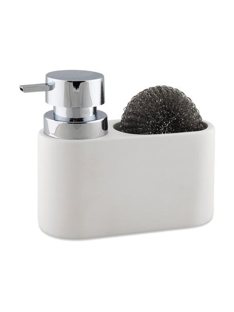Distributeur de savon avec éponge Strepa, 2 élém., Blanc, couleur argentée, larg. 19 x haut. 15 cm