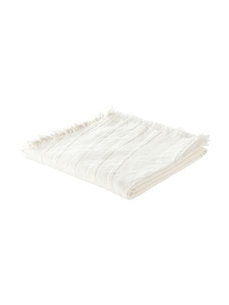 Manta de agodón texturizado con flecos Wavery, 100% algodón ecológico con certificado BCI, Blanco crema, An 130 x L 170 cm