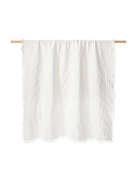 Coperta in cotone strutturato con frange Wavery, 100% cotone, Bianco crema, Larg. 130 x Lung. 170 cm