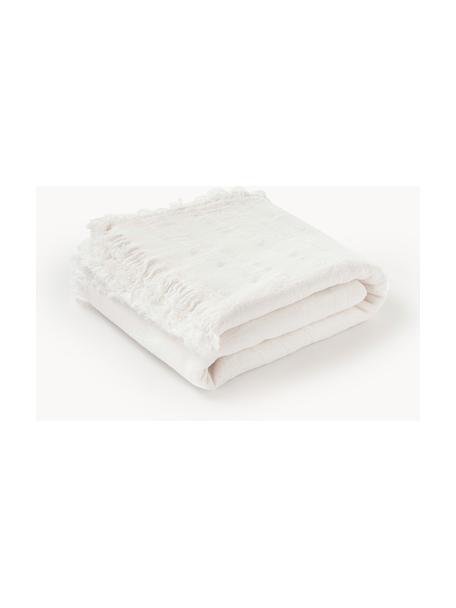 Plaid en coton texturé à franges Wavery, 100 % coton, Blanc, larg. 130 x long. 170 cm