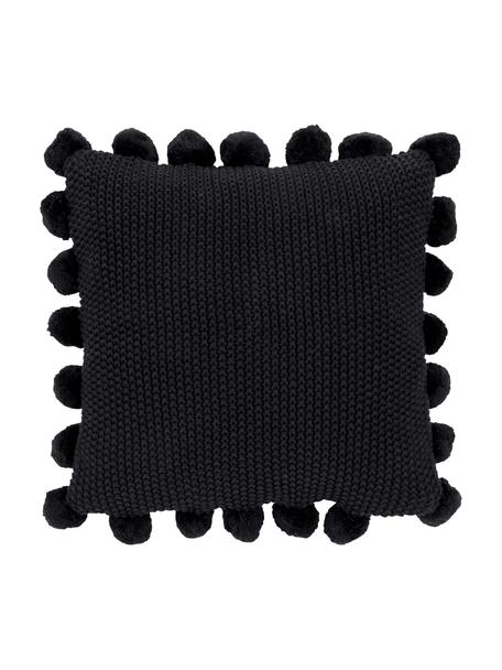 Gebreide kussenhoes Molly in zwart met pompoms, 100% katoen, Zwart, B 40 x L 40 cm