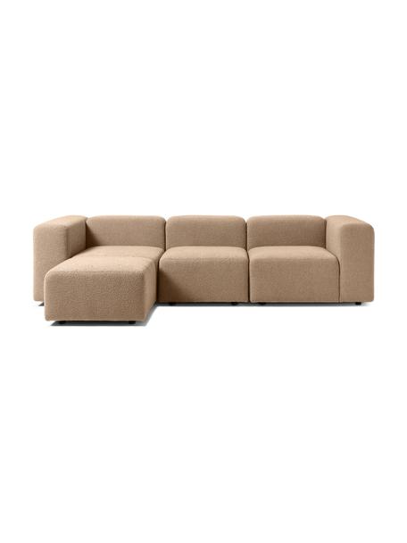 Modulaire bouclé bank Lena (4-zits) met kruk, Bekleding: bouclé (93% polyester, 6%, Frame: grenenhout, multiplex, ha, Poten: kunststof, Bouclé zandkleurig, B 284 x D 181 cm