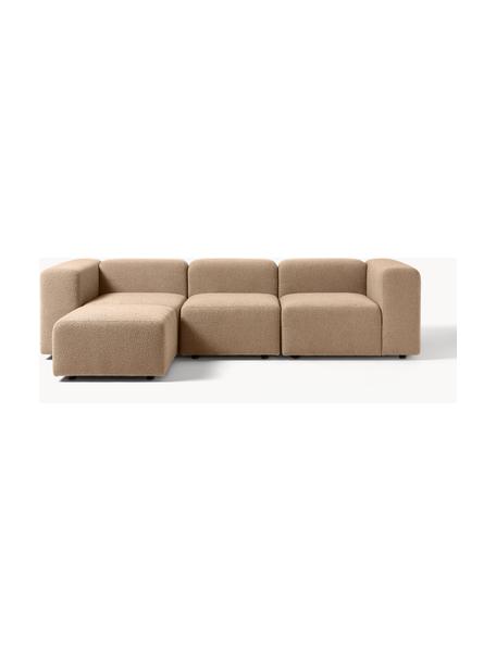 Sofá modular bouclé Lena (4 plazas), con reposapiés, Tapizado: Bouclé (93% poliéster, 6%, Estructura: madera de pino, contracha, Patas: plástico, Bouclé marrón claro, An 284 x F 181 cm