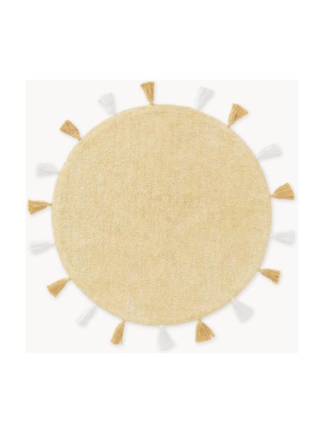 Tapis rond tufté main avec pompons Malu, 100% coton, Jaune pâle, Ø 100 cm (taille XS)