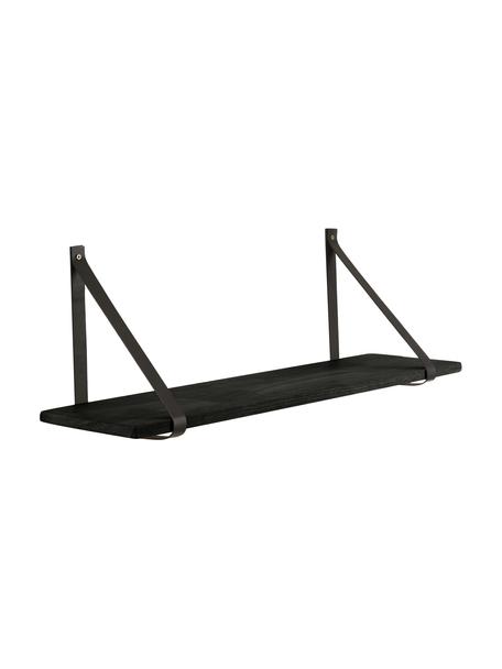 Wandrek Forno met leren riemen, Plank: gelakt rubberhout, Riemen: leer, Zwart, B 80 x D 20 cm