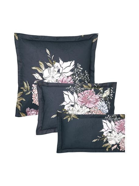 Baumwollsatin-Kopfkissenbezug Margot mit Blumen-Print, Webart: Satin Fadendichte 210 TC,, Dunkelblau, Beige, B 65 x L 65 cm