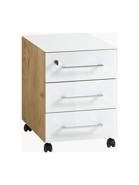 Mobiele rek Monteria, Handvatten: gepoedercoat metaal, Wieltjes: kunststof, Wit, hout met Navarra eikeneffect, B 40 x H 55 cm
