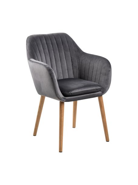 Fluwelen armstoel Emilia met houten poten, Bekleding: polyester fluweel Met 25., Poten: gelakt metaal, Fluweel donkergrijs, eikenhout, B 57 x D 59 cm