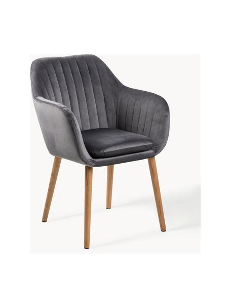 Sillón de terciopelo con patas de madera Emilia, Tapizado: terciopelo de poliéster A, Patas: madera de roble aceitado, Terciopelo gris oscuro, madera de roble, An 57 x F 59 cm