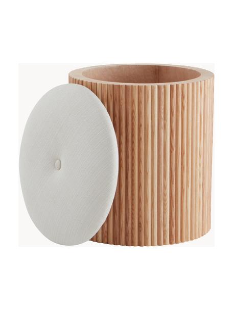 Pouf rembourré avec rangement Darwin, Tissu blanc crème, bois de frêne, Ø 40 x haut. 44 cm