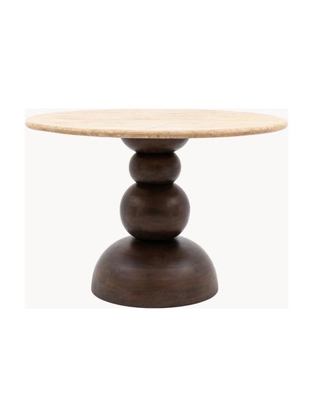 Table ronde avec plateau en travertin Sculpt, Ø 110 cm, Bois de manguier, beige Travertin, Ø 110 cm