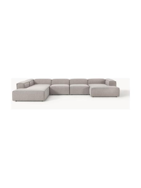 Divano ampio componibile in bouclé Lennon, Rivestimento: bouclé (100% poliestere) , Struttura: legno di pino massiccio, , Piedini: plastica Questo prodotto , Bouclé taupe, Larg. 418 x Prof. 269 cm, chaise lounge a sinistra