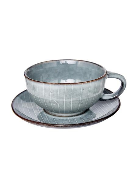 Taza artesanal con platillo Nordic Sea, 2 pzas., Gres, Tonos grises y azules, Ø 11 x Al 5 cm, 250 ml