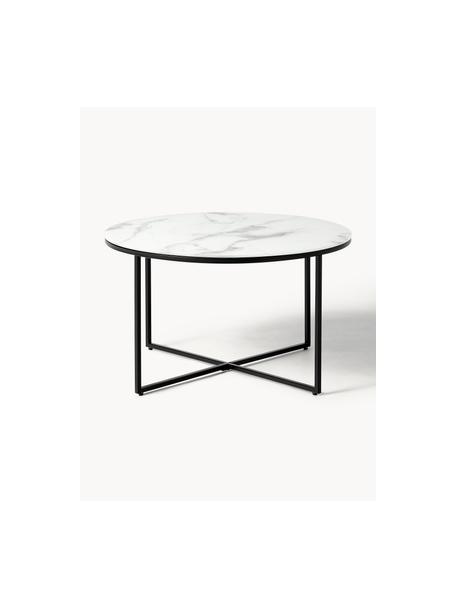 Table basse ronde avec plateau en verre aspect marbre Antigua, Blanc aspect marbre, noir, Ø 80 cm