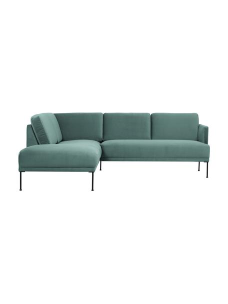 Divano angolare in velluto con piedini in metallo Fluente, Rivestimento: velluto (copertura in pol, Struttura: legno di pino massiccio, , Piedini: metallo verniciato a polv, Velluto verde chiaro, Larg. 221 x Prof. 200 cm, chaise longue a sinistra