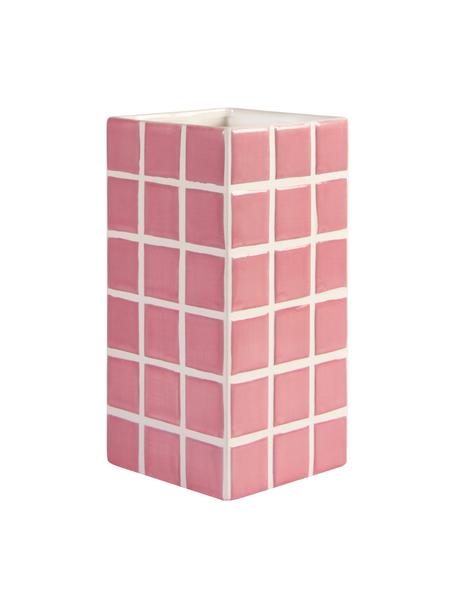 Vaso di design effetto piastrellato Tile, Pietra dolomitica, Rosa, bianco, Larg. 11 x Alt. 21 cm