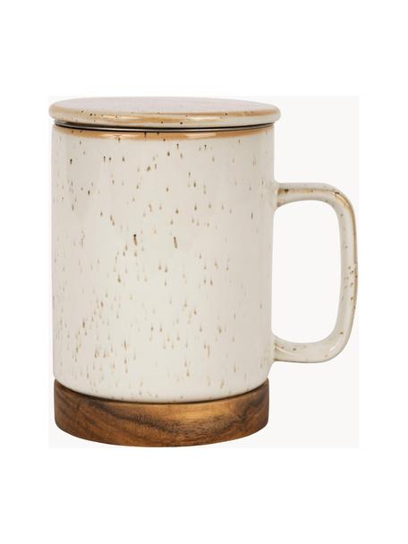 Tasse Nordika mit Deckel und Sieb, Sockel: Akazienholz, Sieb: Rostfreier Stahl, Hellbeige, gesprenkelt, Dunkles Holz, Ø 9 x H 12 cm, 370 ml