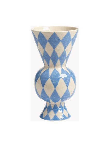 Handbemalte Vase Rhombic, H 30 cm, Steingut, Hellblau, Off White, Ø 16 x H 30 cm