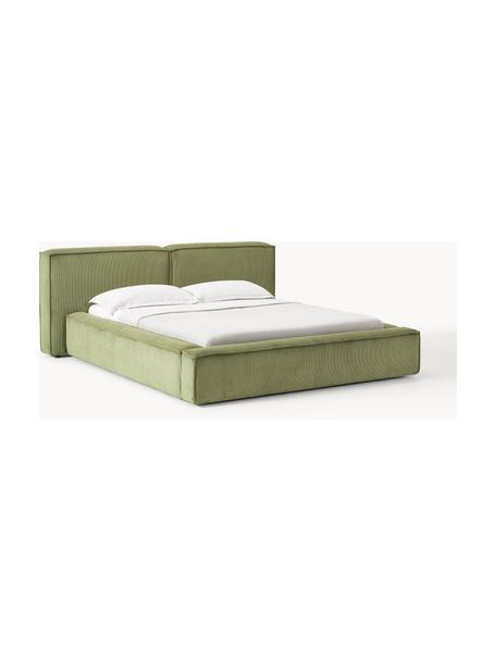 Čalouněná postel z manšestru s úložným prostorem Lennon, Olivově zelená, Š 228 cm, D 243 cm (plocha k ležení 160 cm x 200 cm)
