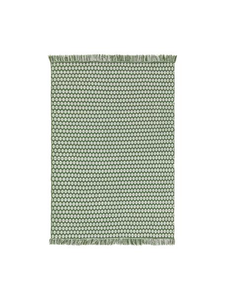 In- & outdoor vloerkleed Morty met franjes, 100% polyester (gerecycled PET), Groen, gebroken wit, B 80 x L 150 cm (maat XS)
