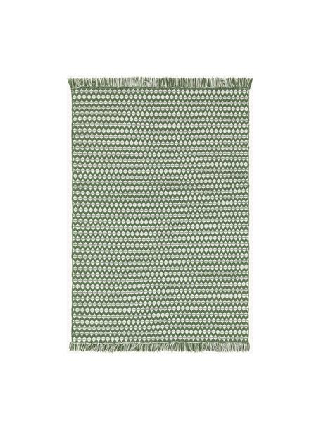 Tapis d'extérieur à franges Morty, 100 % polyester (PET recyclé), Vert foncé, blanc cassé, larg. 80 x long. 150 cm (taille XS)