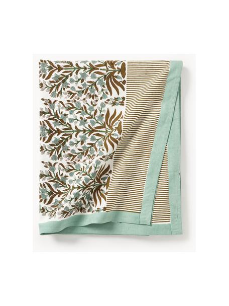 Mantel con estampado floral Jasmine, 100% algodón, Verde oliva, marrón, Off White, De 6 a 8 comensales (An 150 x L 250 cm)