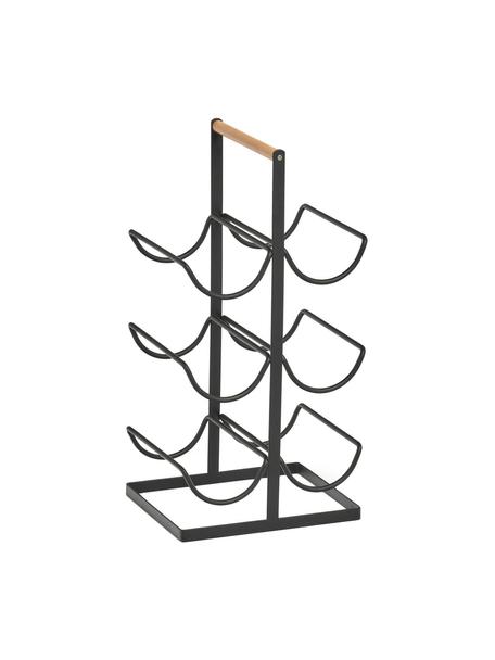 Stojak na wino na 6 butelek Hadena, Stelaż: metal malowany proszkowo, Czarny, jasne drewno naturalne, S 24 x W 46 cm