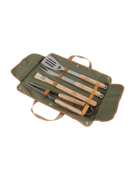 Set de cubiertos de barbacoa Oli, 5 pzas., Bolsa: plástico, Plateado, madera de fresno, verde, Set de diferentes tamaños