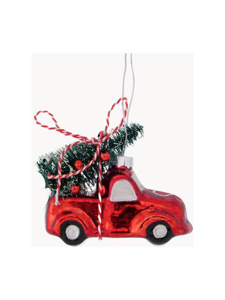 Set 2 addobbi per albero fatti a mano Little Car, Vetro verniciato, Rosso, verde e bianco, Larg. 8 x Alt. 7 cm