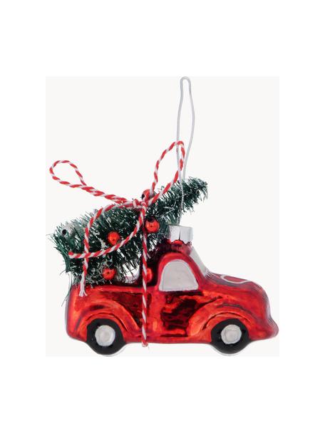 Décorations de sapin de Noël faites main Little Car, 2 pièces, Verre, laqué, Rouge, vert foncé, blanc, larg. 8 x haut. 7 cm