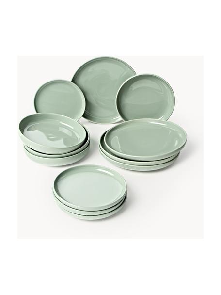 Vajilla de porcelana Nessa, 4 comensales (12 pzas.), Porcelana dura de alta calidad esmaltada, Verde salvia brillante, 4 comensales (12 pzas.)