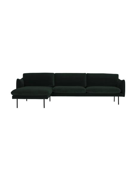 Canapé d'angle en velours pieds en métal Moby, Velours vert foncé, larg. 280 x prof. 160 cm, méridienne à gauche