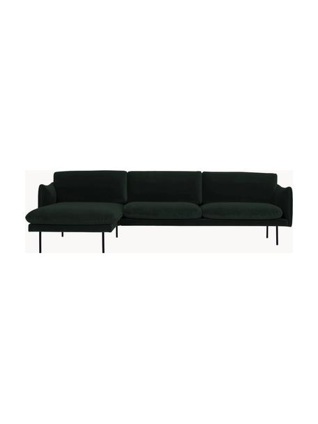 Sofa narożna z aksamitu Moby, Tapicerka: aksamit (wysokiej jakości, Stelaż: lite drewno sosnowe z cer, Nogi: metal malowany proszkowo, Ciemnozielony aksamit, S 280 x G 160 cm, lewostronna