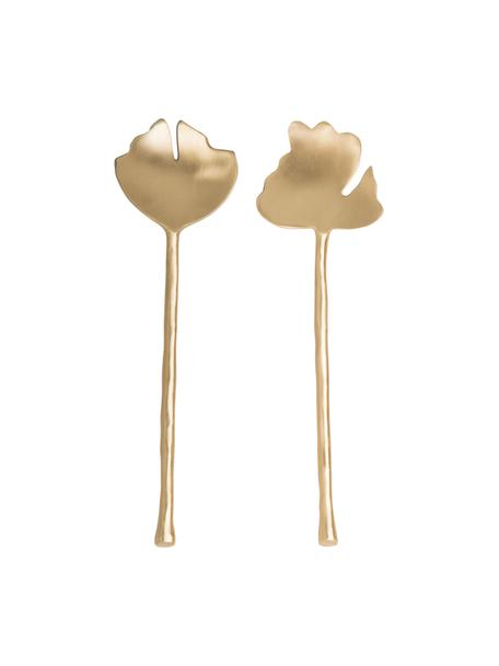 Set 2 posate da insalata fatte a mano Leaves, Ottone, Ottonato opaco, Larg. 6 x Lung. 28 cm