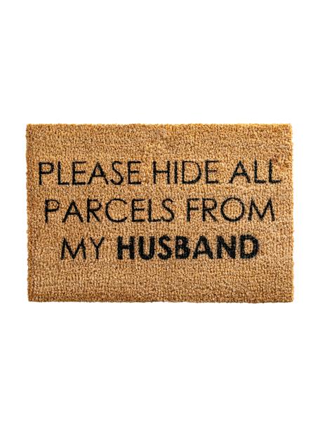 Fussmatte Please hide all parcels from my husband, Oberseite: Kokosfaser, Unterseite: PCV, Beige, Schwarz, B 40 x L 60 cm