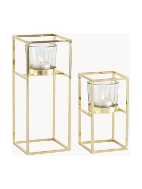 Teelichthalter-Set Tonia, 2er-Set, Windlicht: Glas, Gestell: Metall, beschichtet, Goldfarben, Set mit verschiedenen Größen