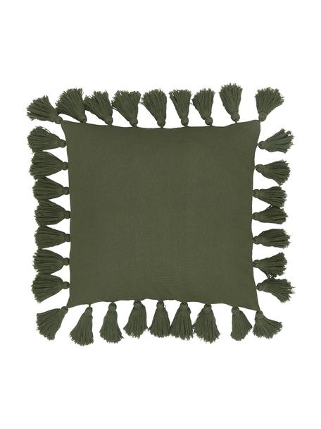 Kussenhoes Shylo in donkergroen met kwastjes, 100% katoen, Groen, B 40 x L 40 cm