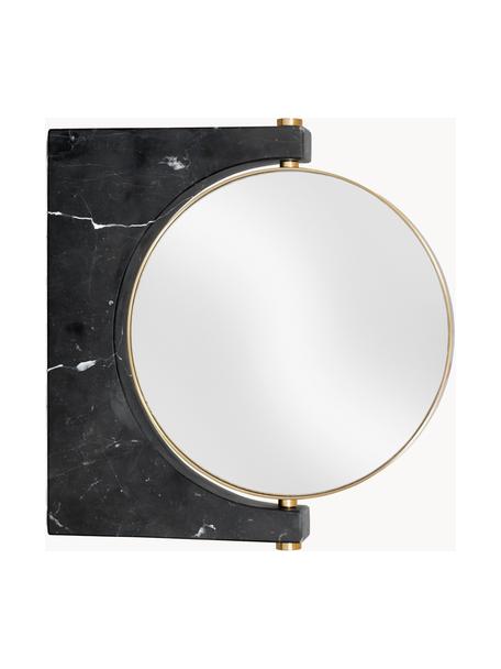 Specchio cosmetico rotondo da parete in marmo Pepe, Cornice: ottone lucido, Superficie dello specchio: lastra di vetro, Nero marmorizzato, ottone, Larg. 25 x Alt. 25 cm
