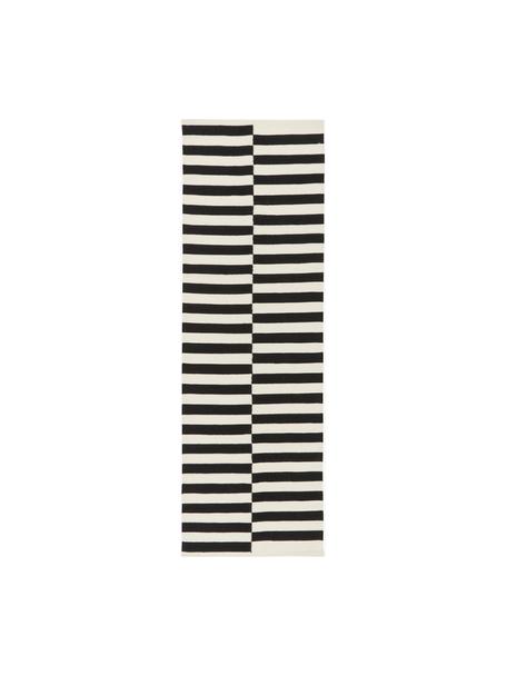 Tapis kilim tissé main Donna, Noir, blanc crème, larg. 80 x long. 250 cm