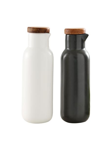 Set dispenser aceto e olio in porcellana e legno di acacia Essentials 2 pz, Coperchio: legno di acacia, Bianco, antracite, Ø 6 x Alt. 18 cm