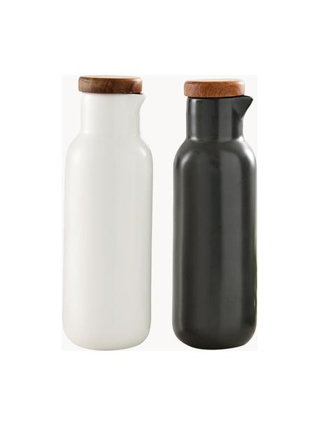 Azijn- en olie-dispenser Essentials van porselein en acaciahout, set van 2, Wit, antraciet, Ø 6 x H 18 cm