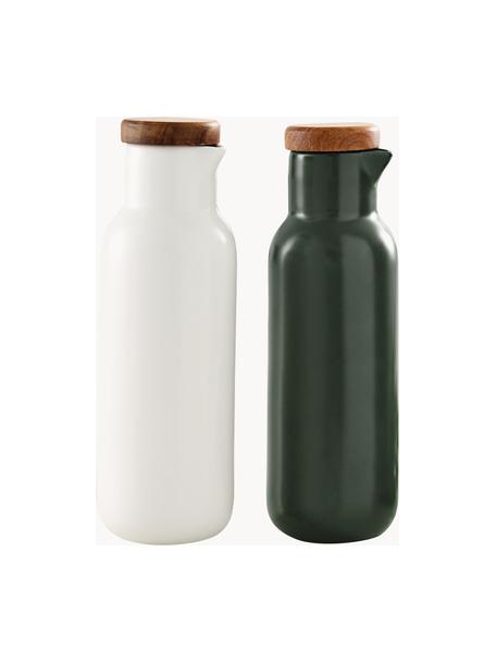 Azijn- en olie-dispenser Essentials van porselein en acaciahout, set van 2, Gebroken wit, antraciet, glanzend, Ø 6 x H 18 cm