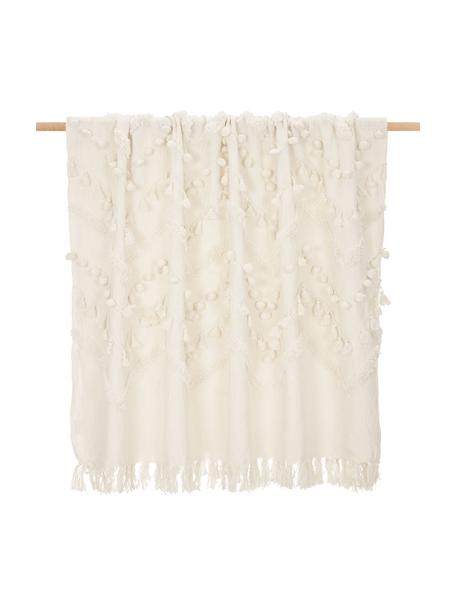Plaid coton à houppes et pompons Pana, 100 % coton, Blanc crème, larg. 130 x long. 170 cm