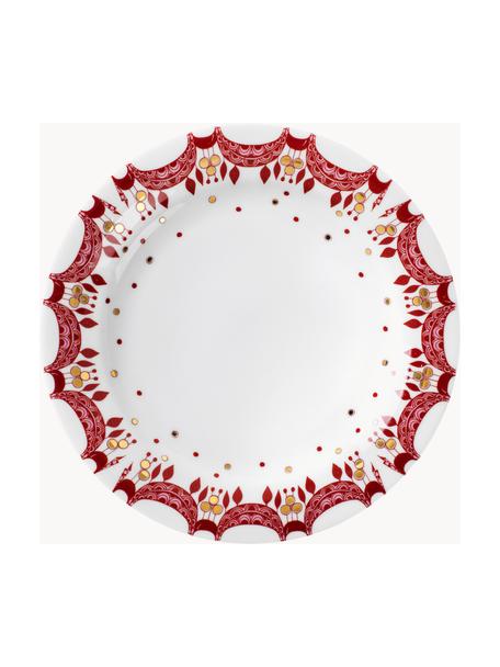 Ręcznie malowany talerz śniadaniowy Guirlande, 4 szt., Porcelana, Biały, czerwony, odcienie złotego, Ø 21 cm