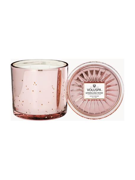 Candela profumata con tre stoppini fatta a mano Bougie Parfumee (champagne e petali di rosa), Contenitore: vetro, Spumante e petali di rosa, Larg. 14 x Alt. 14 cm