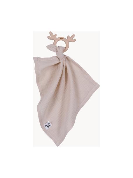 Doudou avec jouet de dentition artisanal Cuddly, Beige clair, larg. 20 x long. 34 cm (taille M)